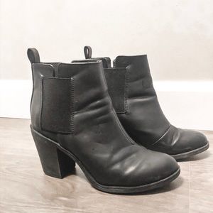 Black chunky heeled booties, Chelsea booties